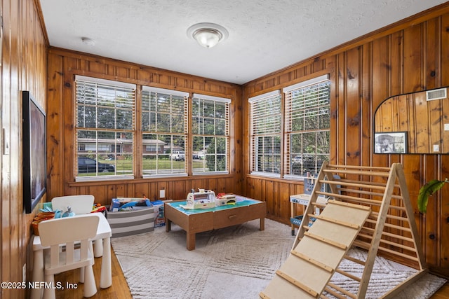 recreation room with plenty of natural light, a textured ceiling, and wood walls