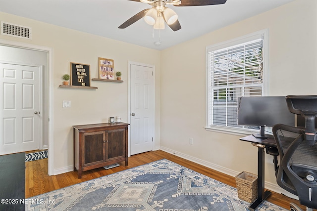 home office featuring wood-type flooring and ceiling fan