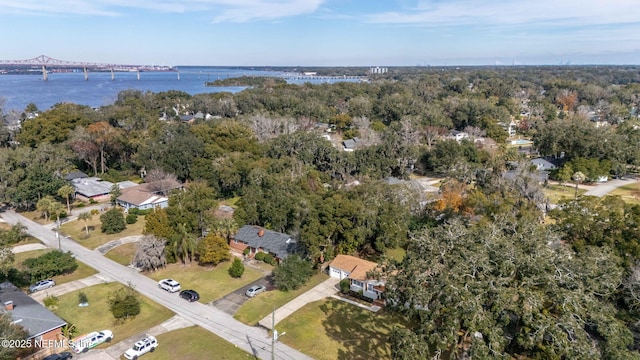 drone / aerial view with a water view