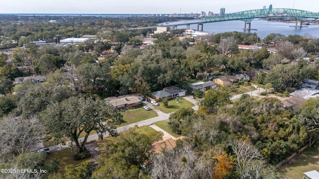 drone / aerial view with a water view