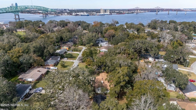 drone / aerial view featuring a water view