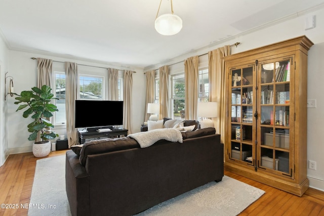 living room featuring crown molding, hardwood / wood-style flooring, and a healthy amount of sunlight