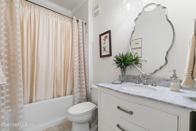 full bathroom with shower / tub combo with curtain, tile patterned floors, toilet, ornamental molding, and vanity