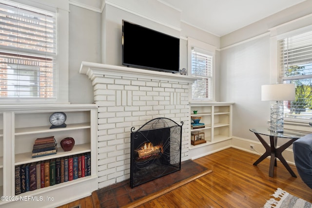 living room featuring dark hardwood / wood-style floors and a fireplace