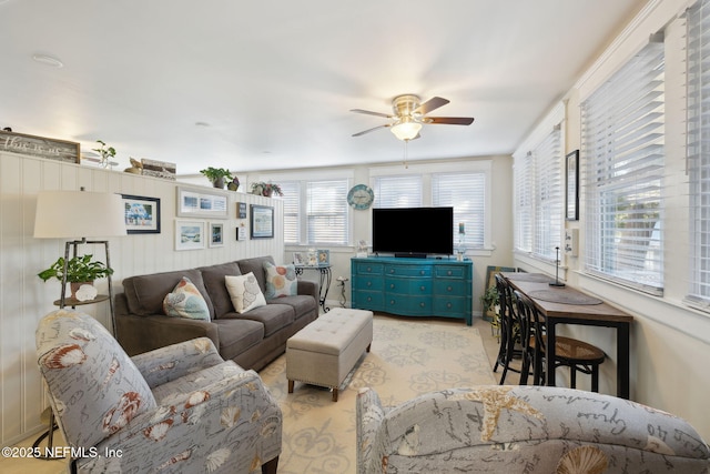 living room with ceiling fan