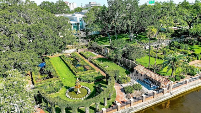 aerial view featuring a water view