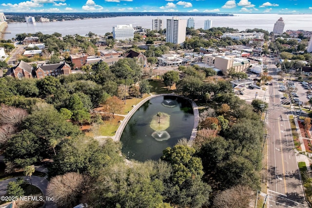 drone / aerial view with a water view