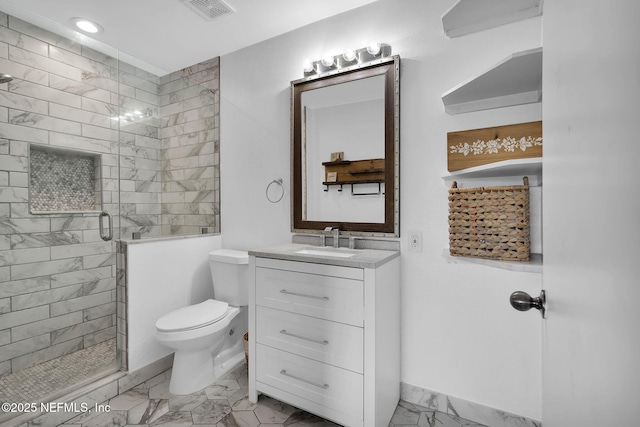 bathroom featuring toilet, walk in shower, and vanity