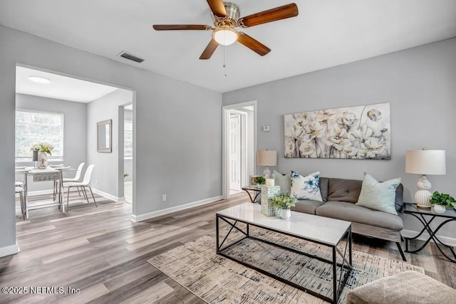 living room with ceiling fan and hardwood / wood-style floors