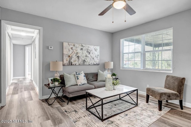 living room with light wood-type flooring and ceiling fan