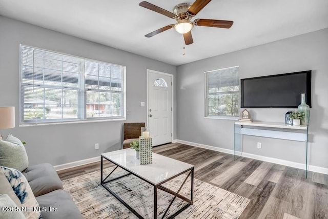 living room with hardwood / wood-style floors and ceiling fan