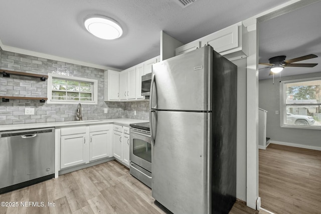 kitchen with sink, white cabinetry, backsplash, stainless steel appliances, and light wood-type flooring