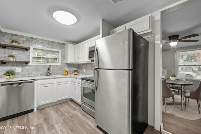 kitchen featuring sink, stainless steel appliances, tasteful backsplash, white cabinets, and light wood-type flooring