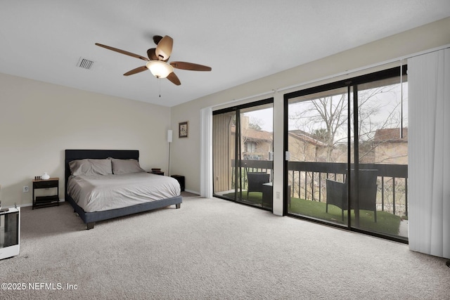 unfurnished bedroom featuring ceiling fan, carpet flooring, and access to outside