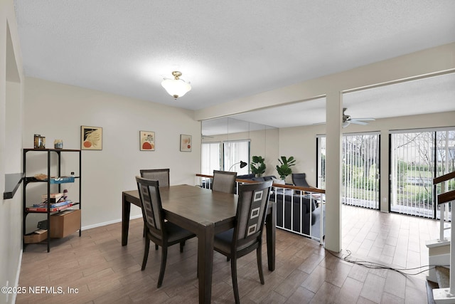 dining room with ceiling fan and a textured ceiling