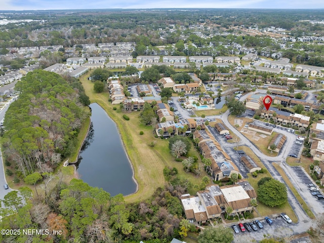 drone / aerial view featuring a water view