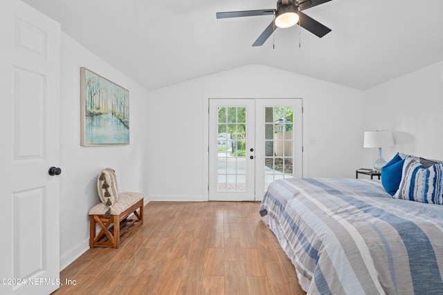 bedroom featuring ceiling fan, french doors, access to outside, light hardwood / wood-style floors, and lofted ceiling