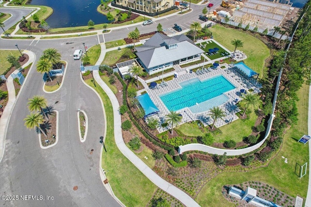 aerial view featuring a water view