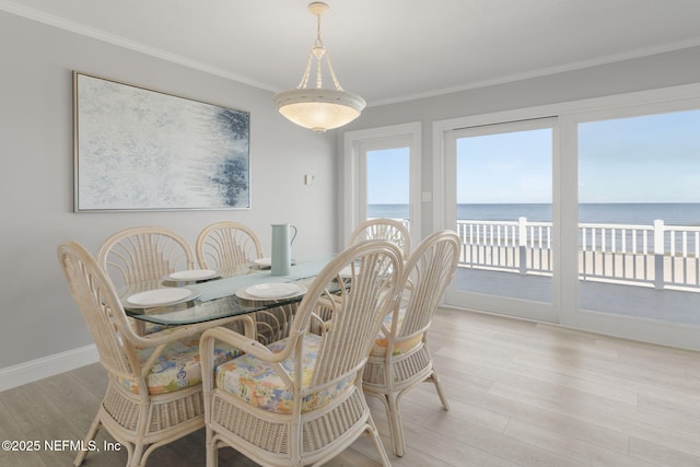 dining room with a water view, crown molding, light hardwood / wood-style flooring, and a wealth of natural light