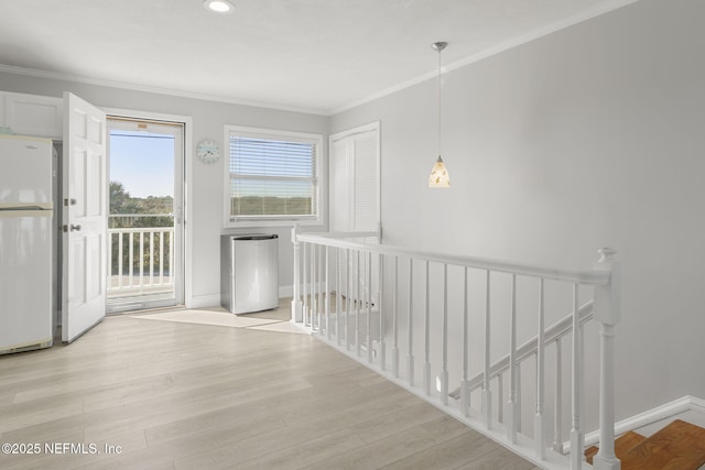 hallway with ornamental molding and light hardwood / wood-style floors