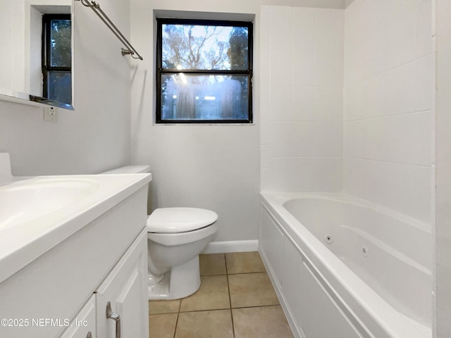 full bathroom featuring vanity, toilet,  shower combination, and tile patterned floors