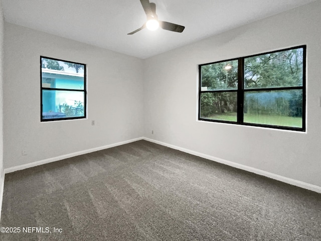 unfurnished room with ceiling fan and carpet