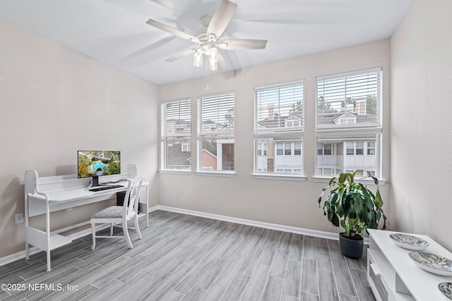 home office with ceiling fan, a healthy amount of sunlight, and light hardwood / wood-style flooring