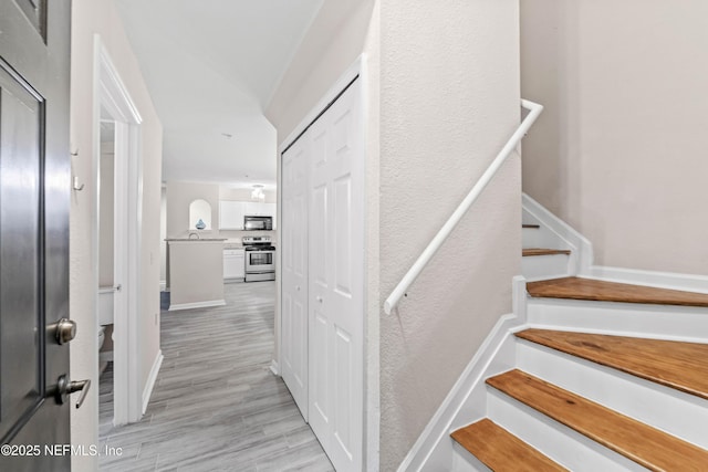 staircase featuring wood-type flooring