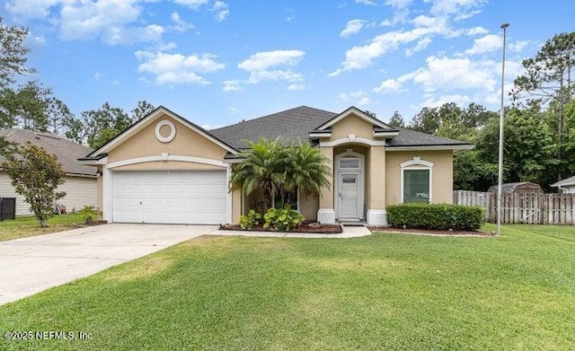 view of front facade featuring a garage, cooling unit, and a front lawn