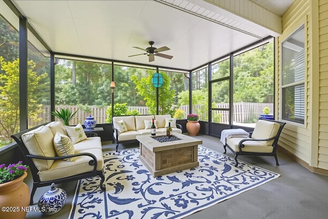 1560 Timber Trace Dr, Saint Augustine, FL 32092 - sunroom with an outdoor living space with a fire pit, ceiling fan, and healthy amount of natural light