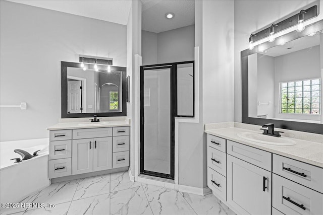 1560 Timber Trace Dr, Saint Augustine, FL 32092 - full bathroom with a stall shower, two vanities, a garden tub, and marble finish floors