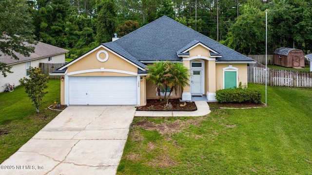 1560 Timber Trace Dr, Saint Augustine, FL 32092 - view of front of house featuring stucco siding, a shingled roof, a shed, and driveway