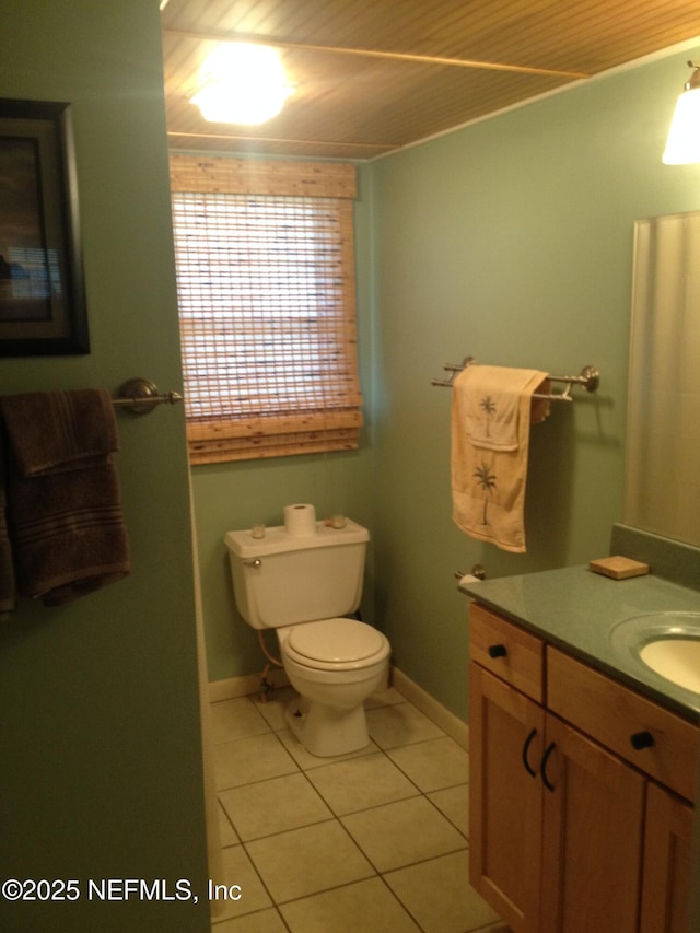 bathroom with toilet, vanity, wood ceiling, and tile patterned flooring