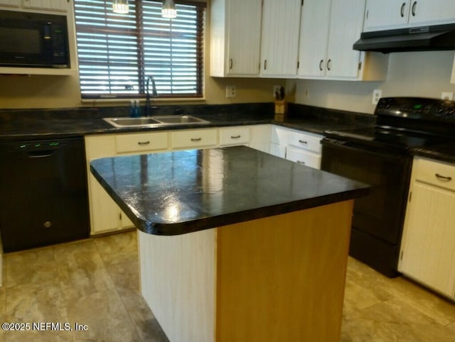 kitchen with sink, white cabinets, black appliances, and a kitchen island