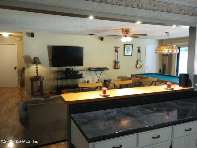 interior space with hardwood / wood-style flooring, a textured ceiling, billiards, and ceiling fan