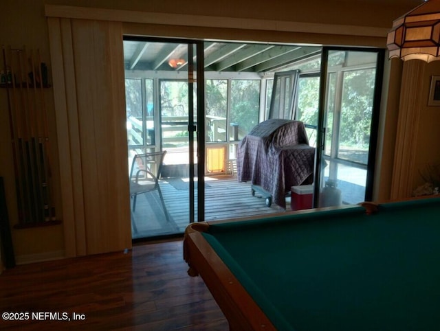 doorway featuring billiards and dark hardwood / wood-style floors