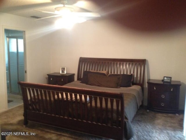 bedroom featuring ensuite bathroom and ceiling fan