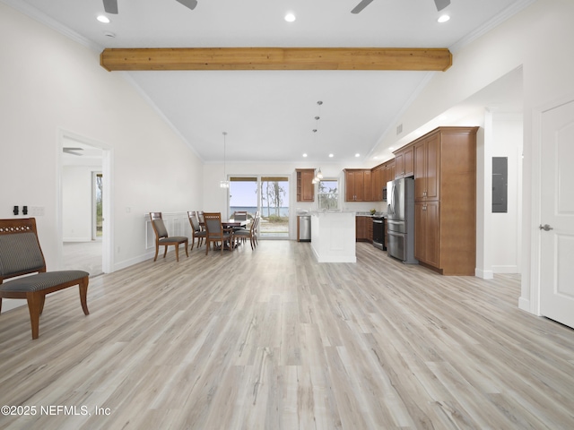 living room with beamed ceiling, ceiling fan, and light hardwood / wood-style floors