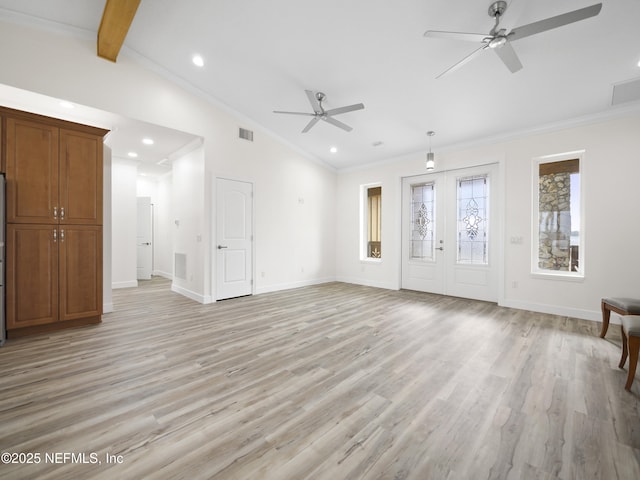 unfurnished living room with french doors, ceiling fan, light hardwood / wood-style flooring, and vaulted ceiling with beams