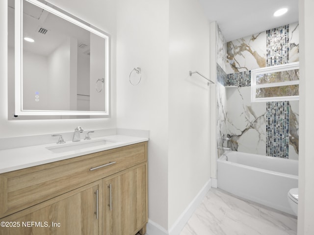 full bathroom with tiled shower / bath combo, vanity, and toilet