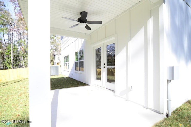 view of patio featuring ceiling fan and french doors