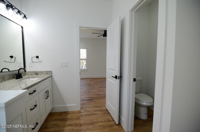 bathroom featuring vanity, toilet, and hardwood / wood-style flooring