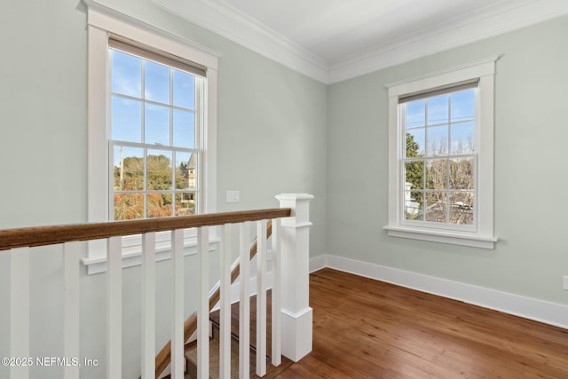 staircase featuring crown molding and hardwood / wood-style floors