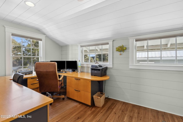 office area featuring lofted ceiling and hardwood / wood-style floors