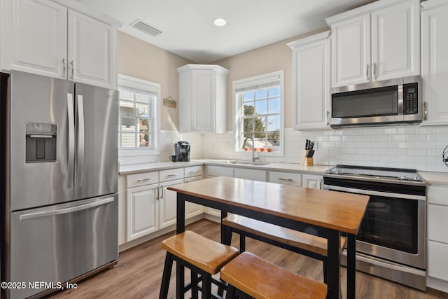 kitchen with stainless steel appliances, white cabinetry, sink, and backsplash