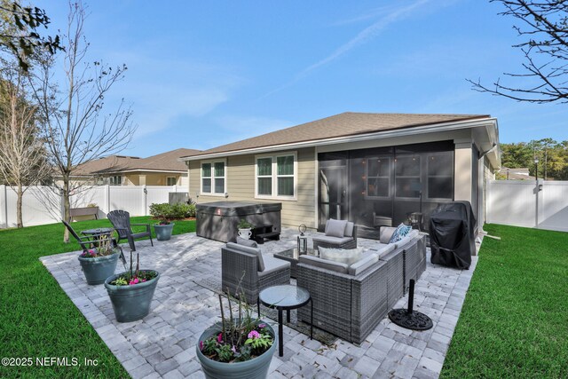 view of patio / terrace featuring an outdoor hangout area, a fenced backyard, a grill, and a hot tub