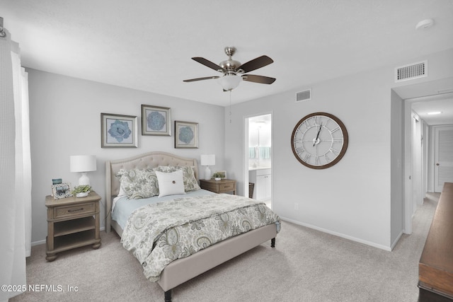 carpeted bedroom with ceiling fan and connected bathroom