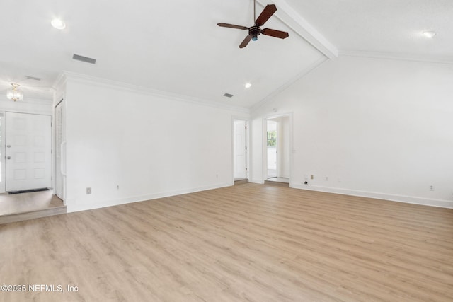 unfurnished living room featuring ceiling fan with notable chandelier, crown molding, lofted ceiling with beams, and light hardwood / wood-style flooring