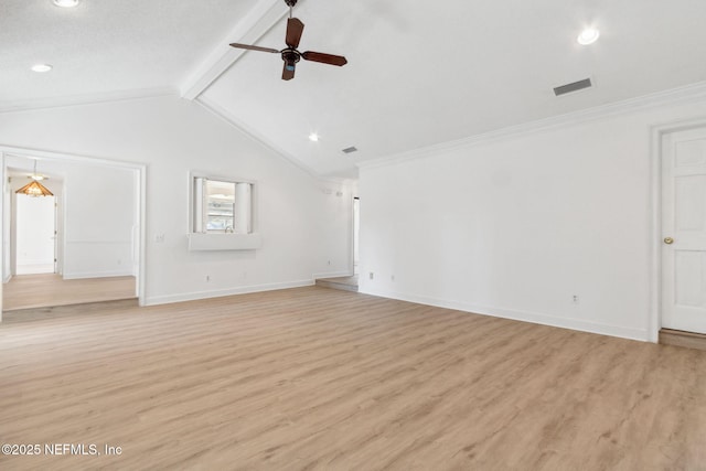 unfurnished living room featuring ornamental molding, vaulted ceiling with beams, ceiling fan, and light hardwood / wood-style flooring