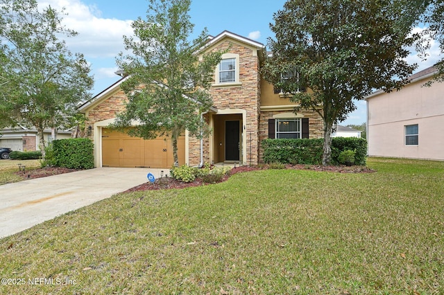 view of front facade with a garage and a front lawn